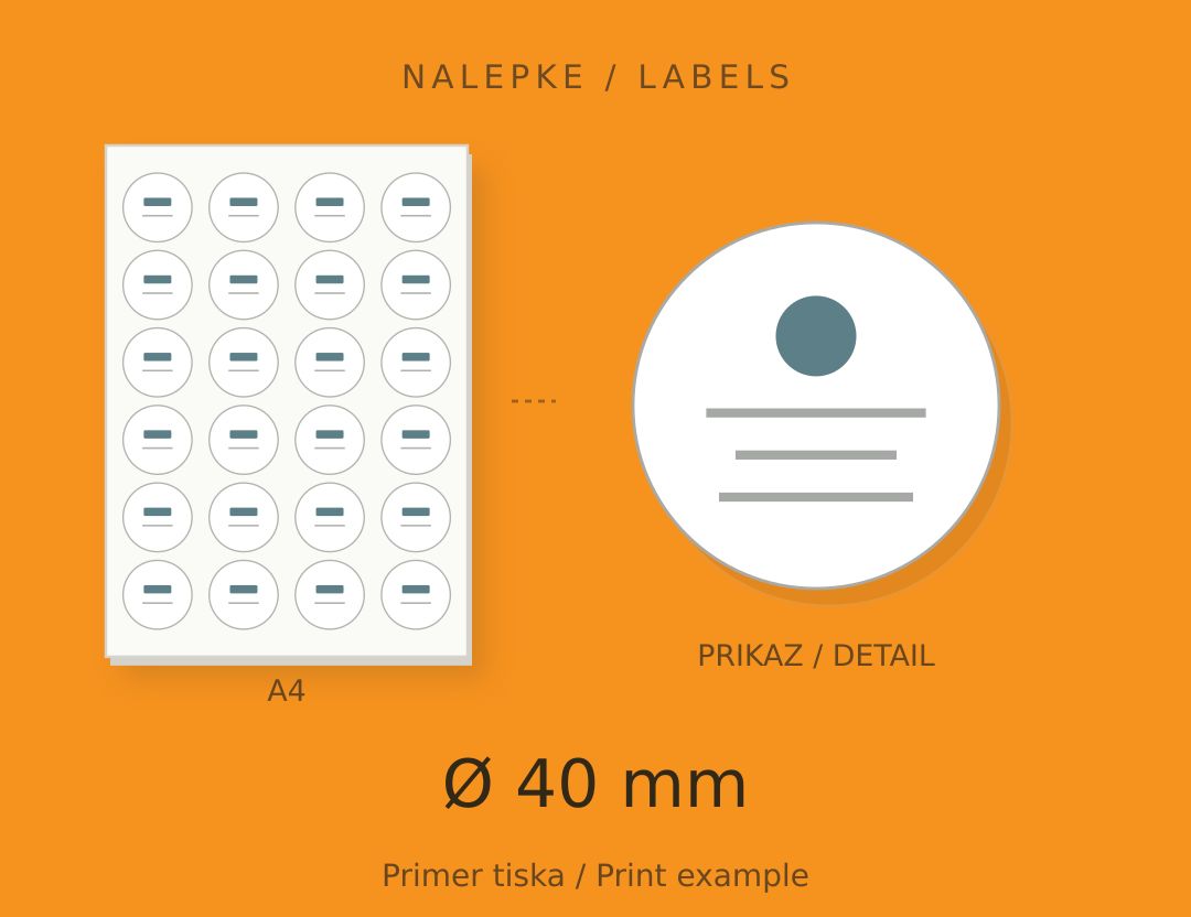 40 mm round label Schematic A4 label sheet and enlarged label: 40 mm round label. The printed design is illustrative.