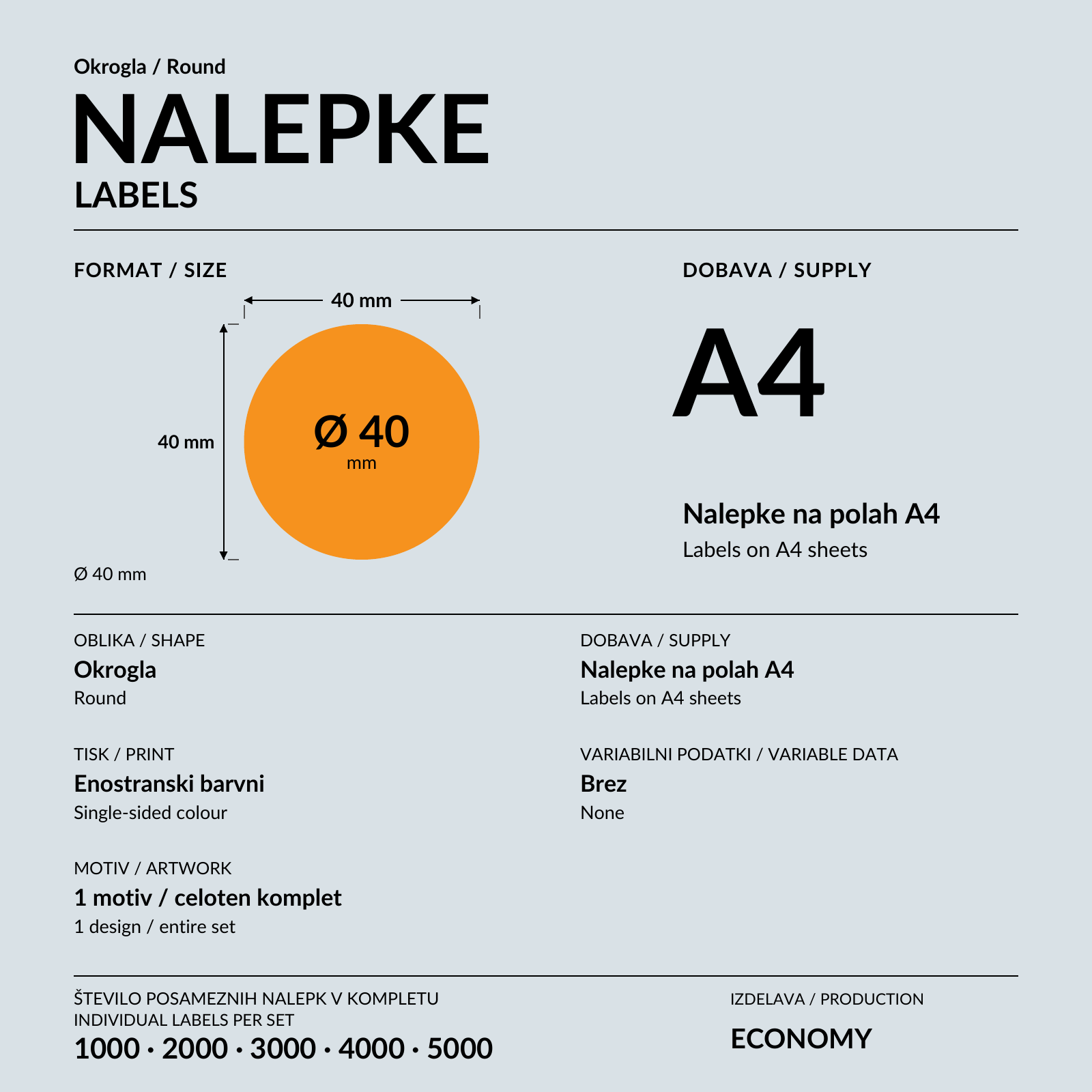 Okrogla nalepka z oranžno-črno grafiko med lepljenjem na belo škatlo.