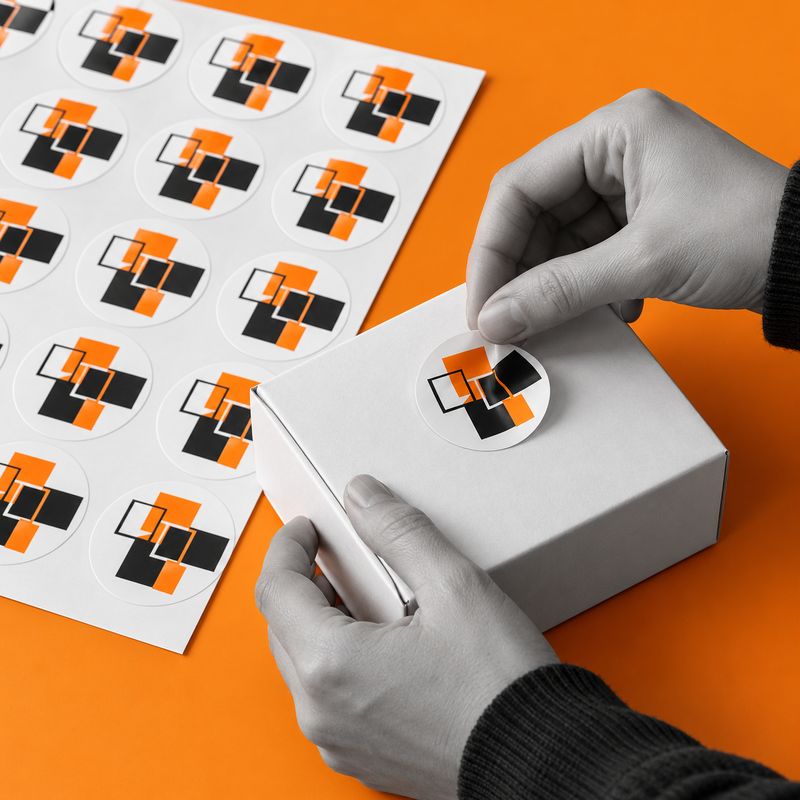 A round label with orange and black graphics being applied to a white box.