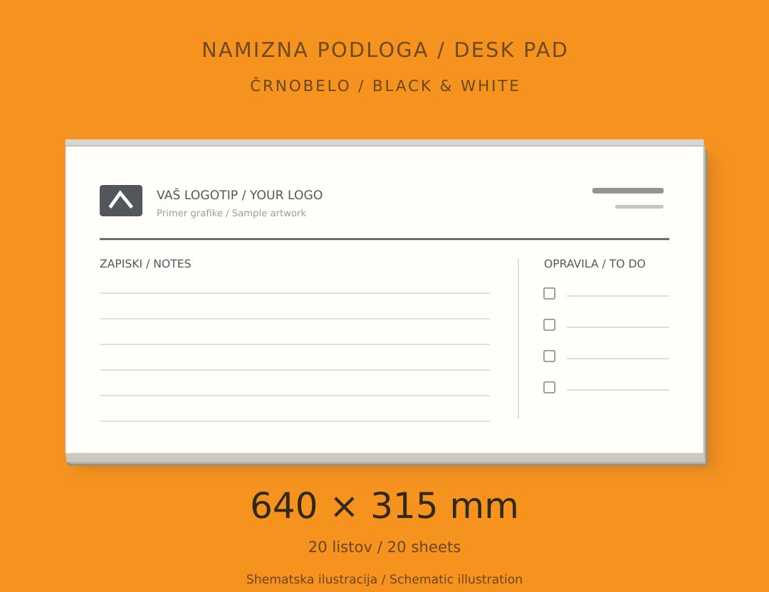 Paper desk pad 640 × 315 mm – black and white print Schematic illustration of a 640 × 315 mm paper desk pad with 20 sheets, black and white print, glued along the top edge.