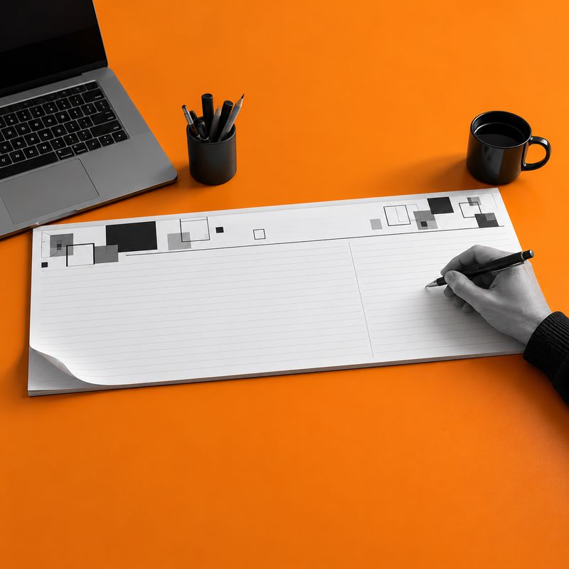 A black-and-white paper deskpad in use on an orange desk.