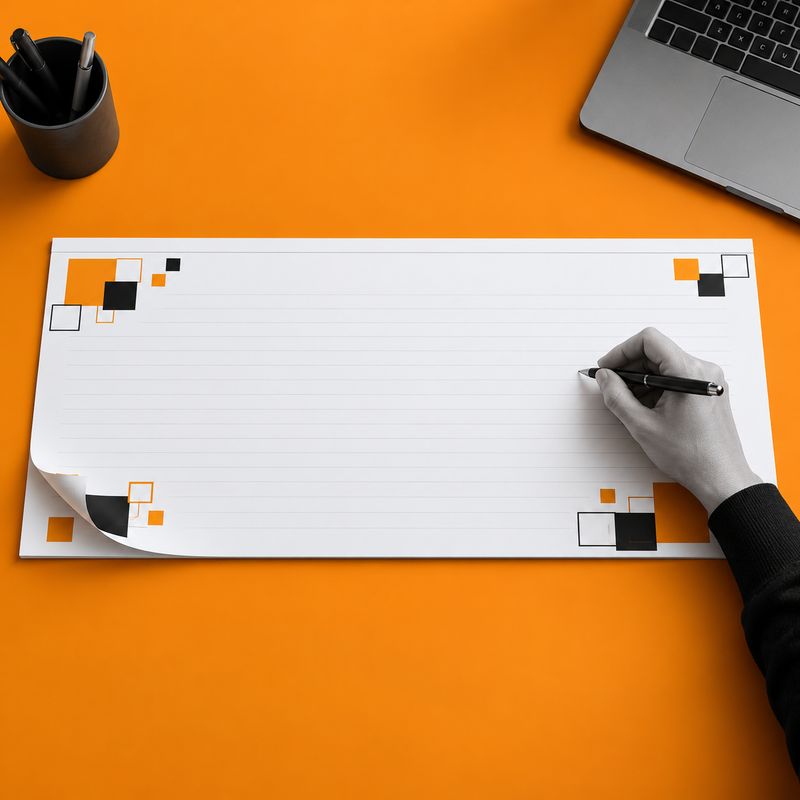 A paper deskpad with orange and black header in use on an orange desk.