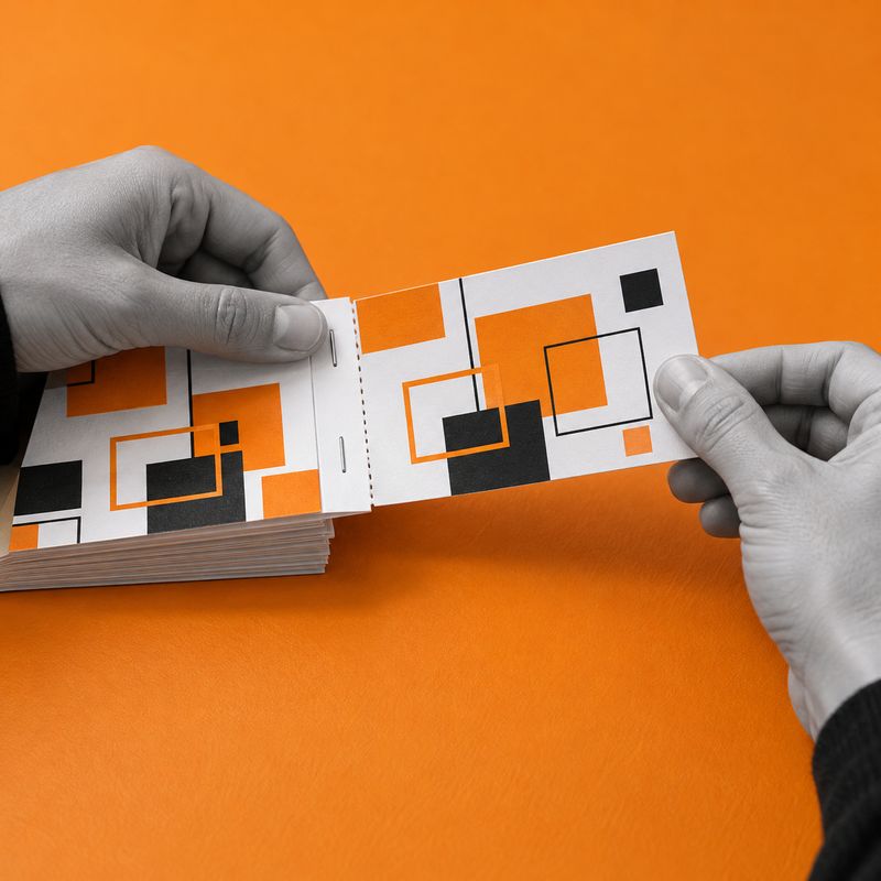 An A7 ticket with orange and black graphics being torn from a stapled booklet.