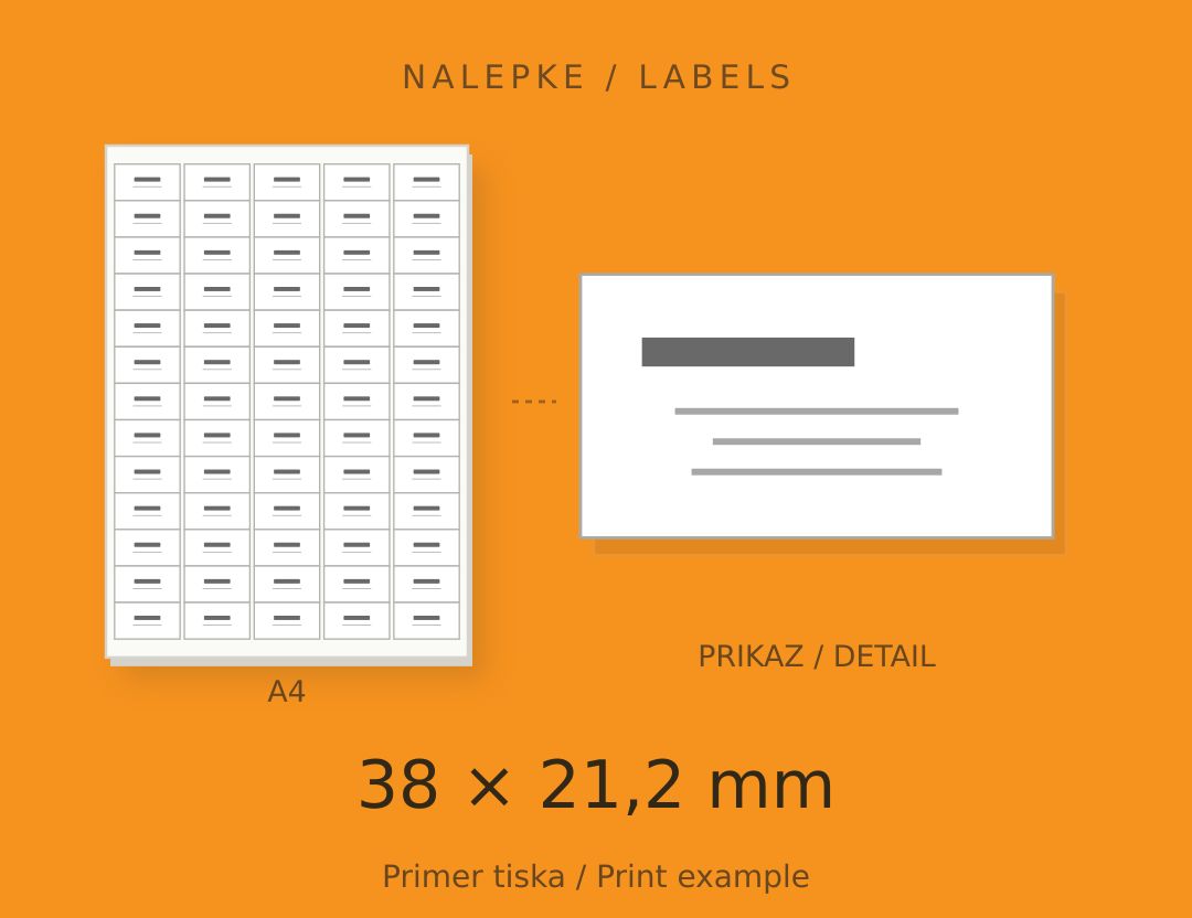 Schematic A4 label sheet and enlarged label: 38 × 21.2 mm straight-edge label. The printed design is illustrative.