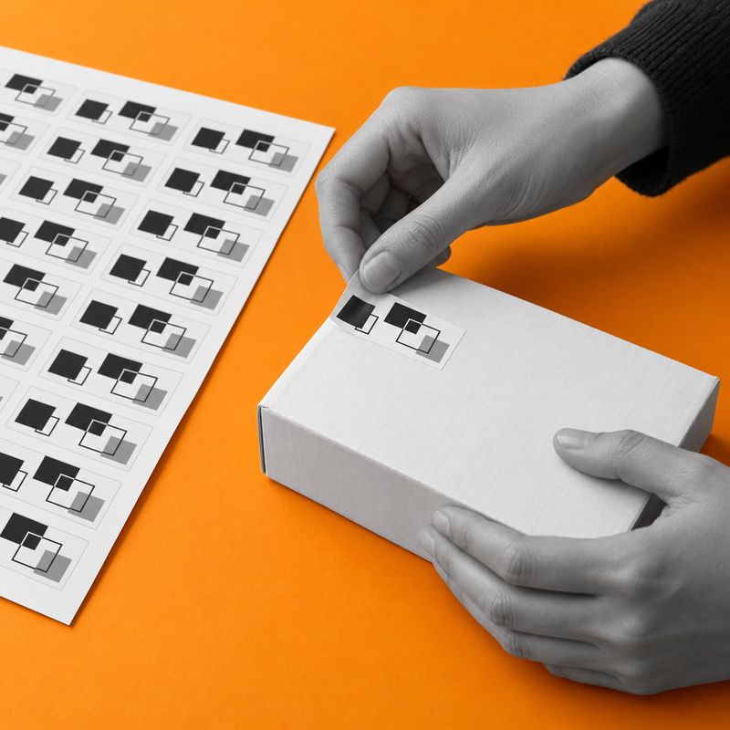 A rectangular black-and-white label being applied to a white box beside an A4 sheet of labels.
