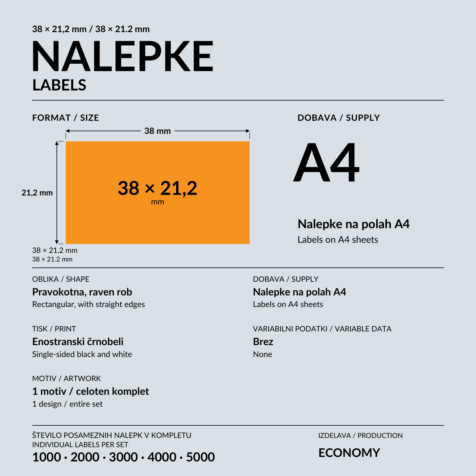 Pravokotna črnobela nalepka med lepljenjem na belo škatlo, ob poli A4 z nalepkami.