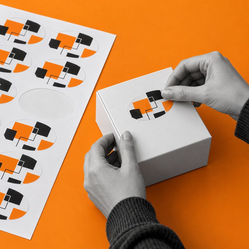 An oval label with orange and black graphics being applied to a white box beside an A4 sheet.