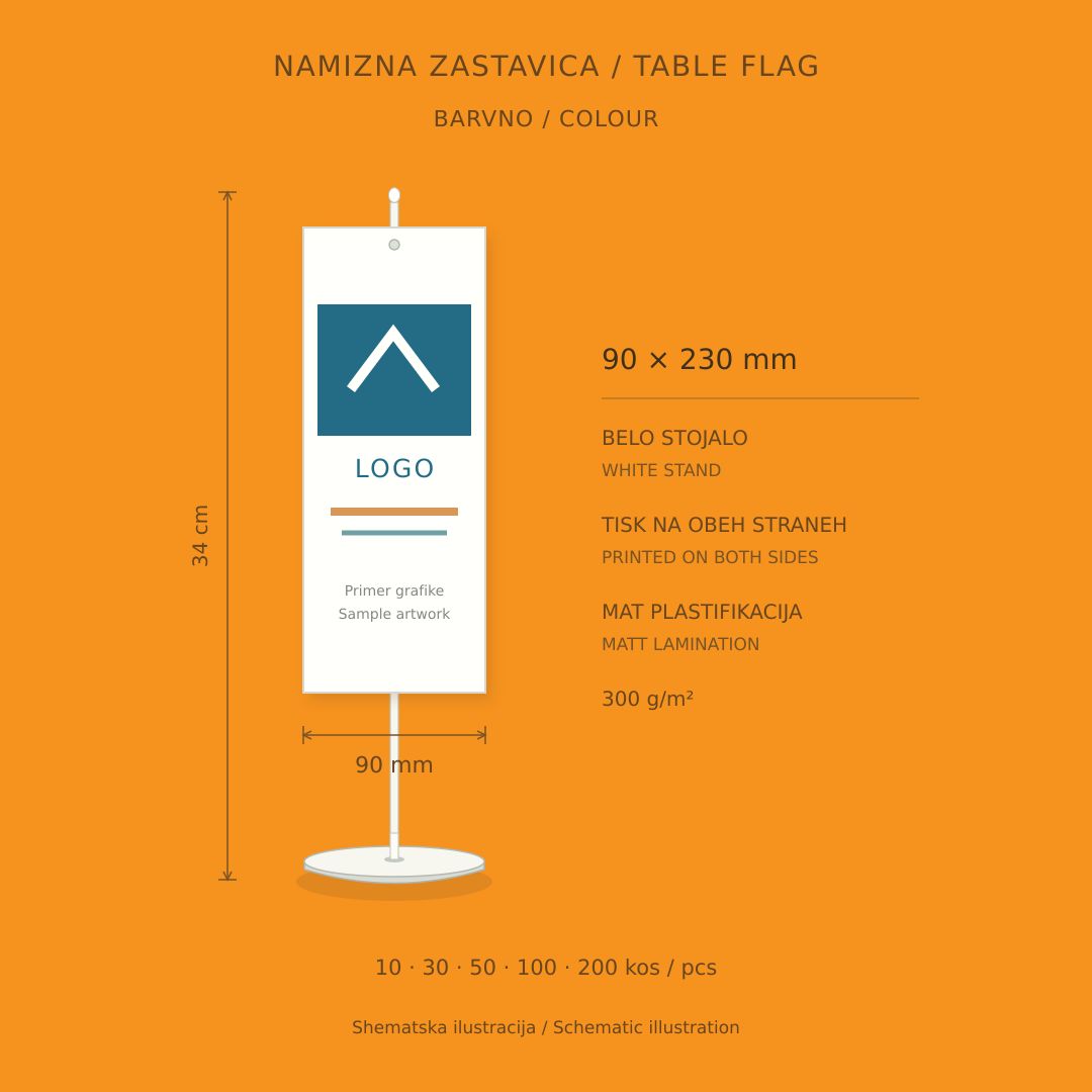 Schematic illustration of a 90 × 230 mm table flag with a white PVC stand, colour print on both sides, matt lamination.
