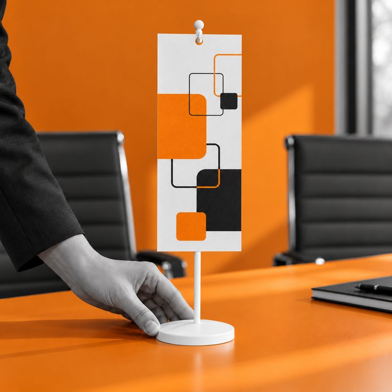 Colour-printed paper table flag hanging from a centred top hole on a white tabletop stand.