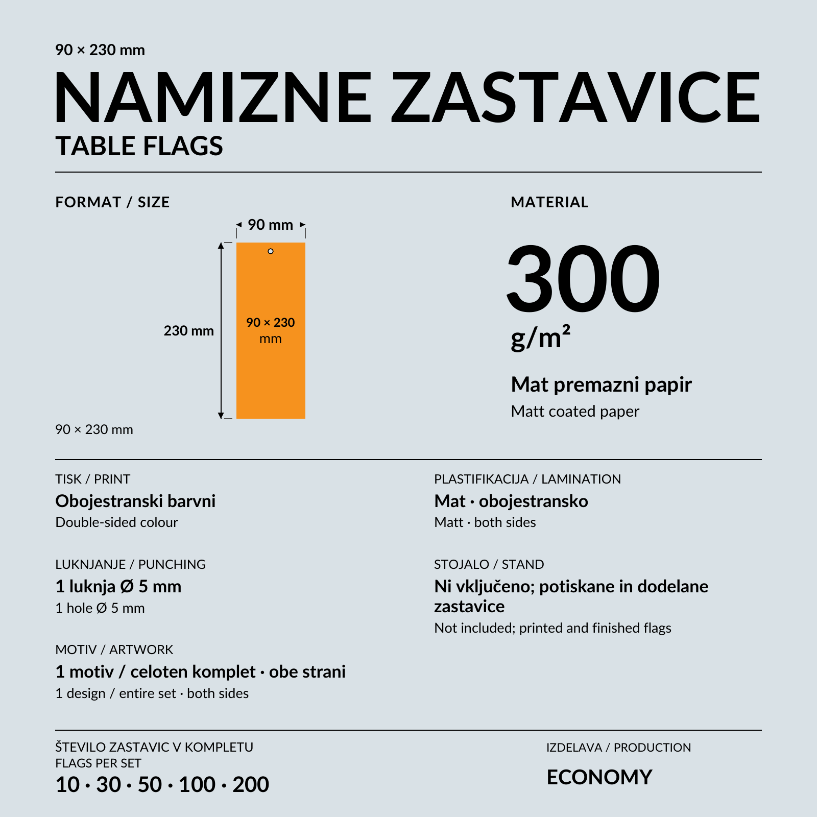 Papirne namizne zastavice brez stojala z oranžno-črno grafiko v rokah.