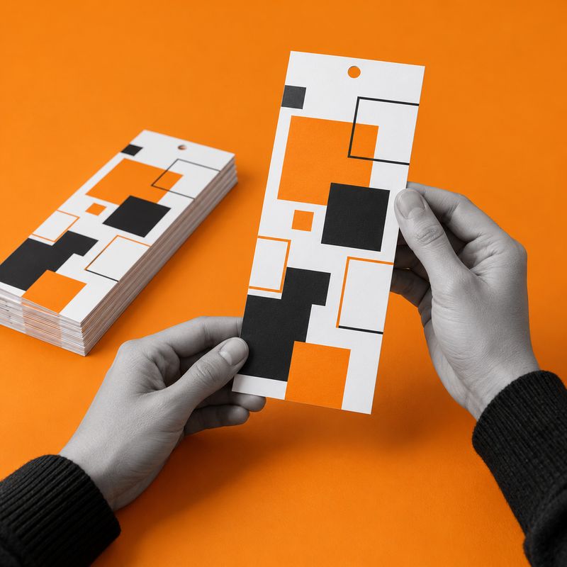 Printed paper tabletop flags without stands, with orange and black graphics, held in hands.