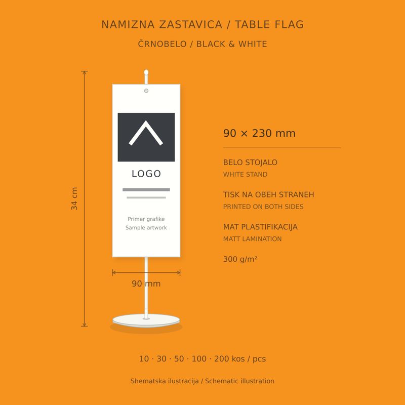 Shematska ilustracija namizne zastavice 90 × 230 mm z belim PVC stojalom, črnobeli obojestranski tisk, mat plastifikacija.