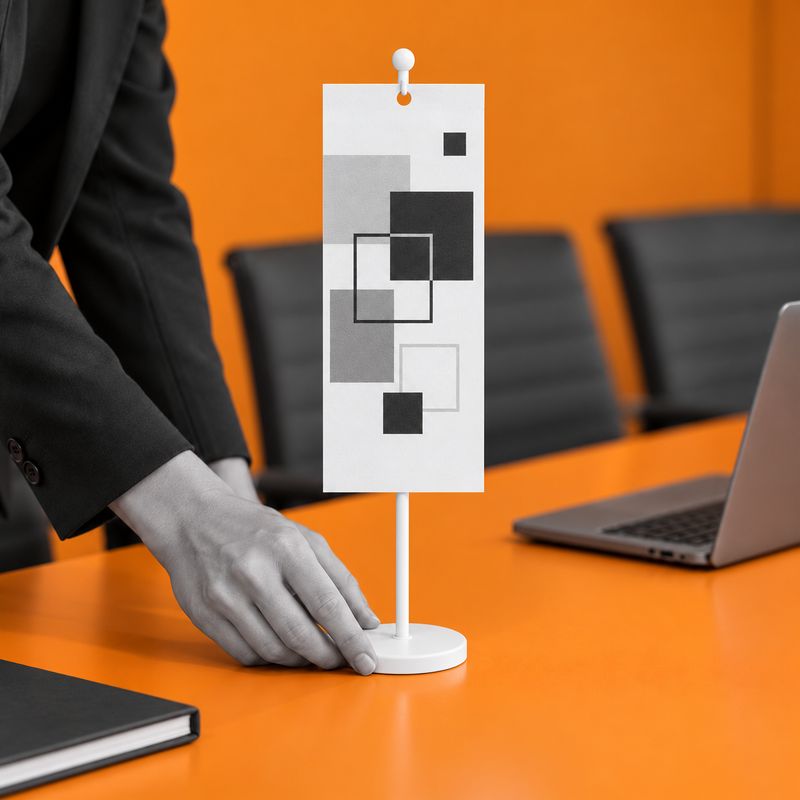 Black-and-white paper table flag hanging from a centred top hole on a white tabletop stand.
