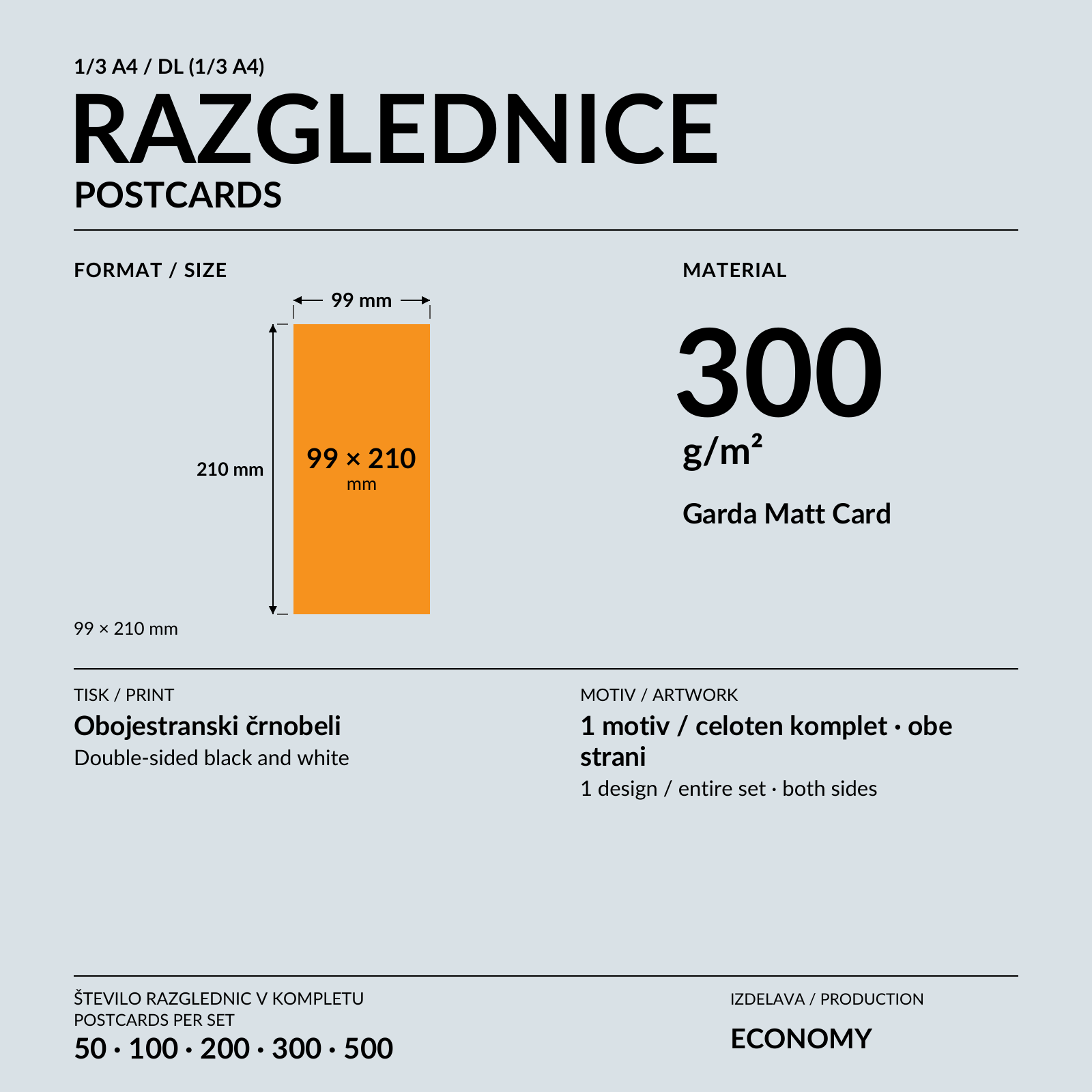 Razglednica 1/3 A4 s črnobelo grafiko v rokah nad oranžno mizo.