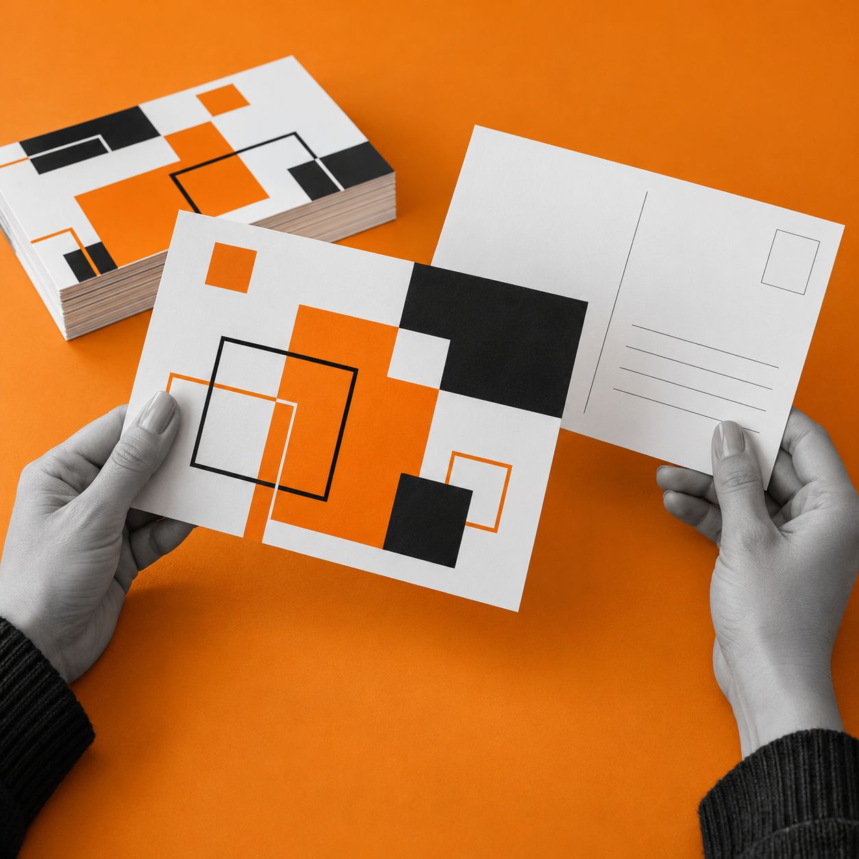 Razglednica A5 z oranžno-črno grafiko v rokah nad oranžnim pultom.