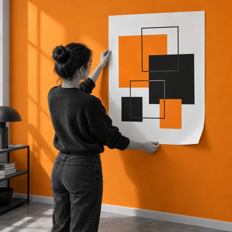 A person presents an unframed B2 paper poster with geometric print against an orange wall.