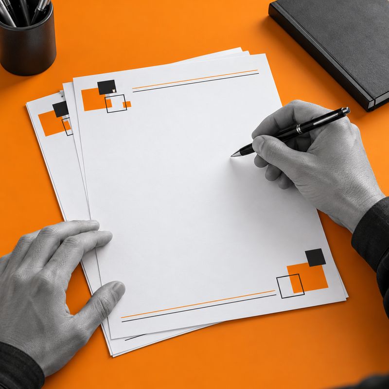 An A4 letterhead with an orange and black header in use on an orange desk.