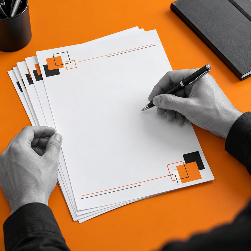 An A4 letterhead with graphic header, hand and pen on an orange desk.