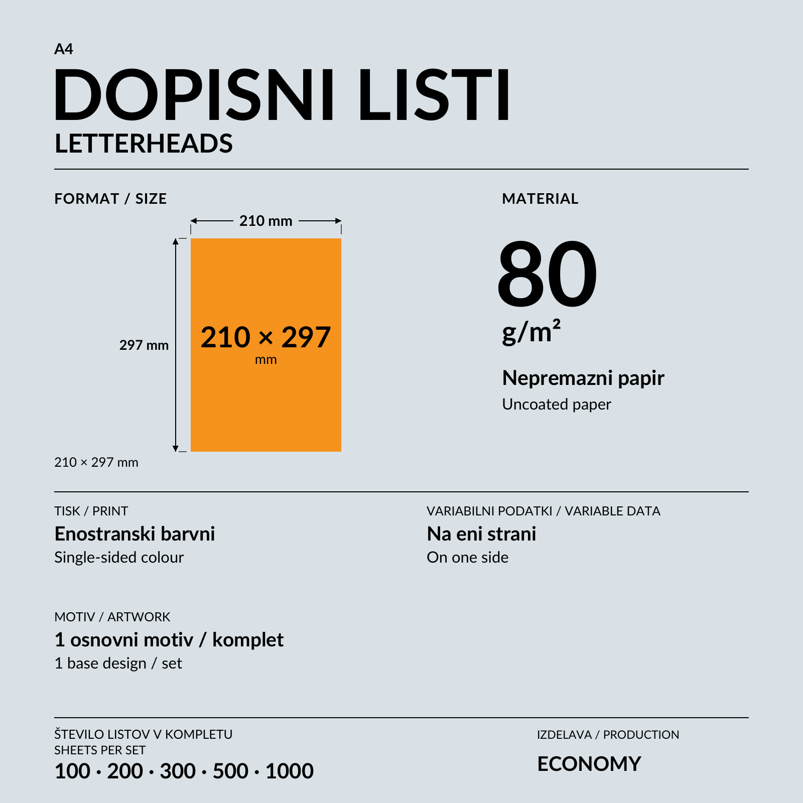 Dopisni list A4 z grafično glavo, roko in pisalom na oranžni mizi.