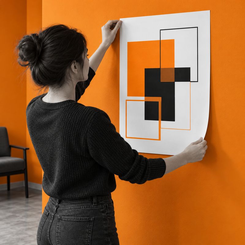 A person presents an unframed B3 paper poster with geometric print against an orange wall.