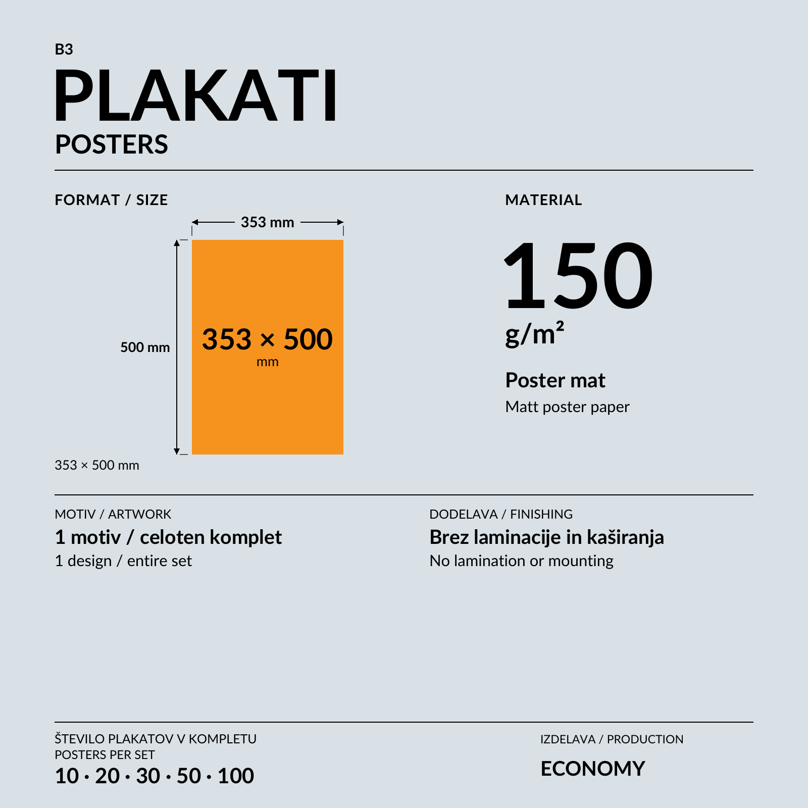 Oseba predstavlja papirnati plakat B3 z geometrijskim potiskom ob oranžni steni.