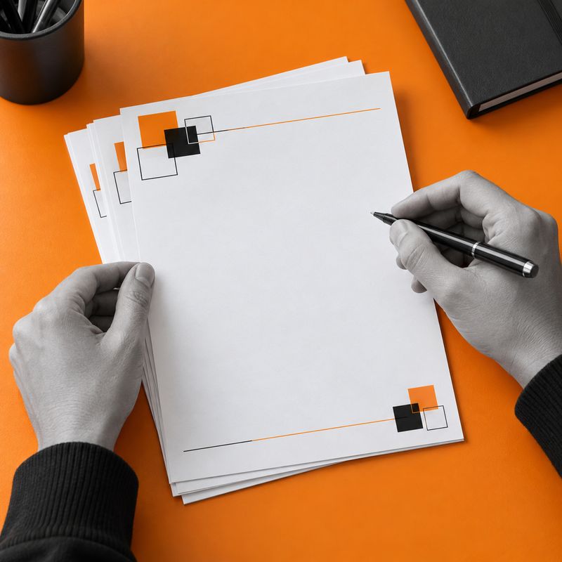 An A5 letterhead with an orange and black header in use on an orange desk.