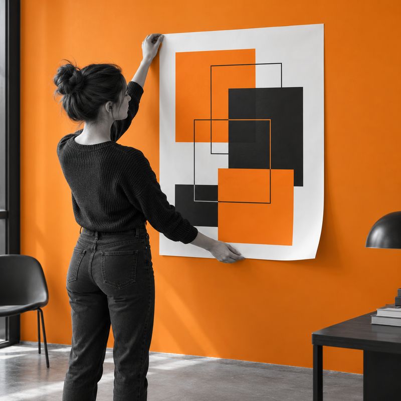 A person presents an unframed B1 paper poster with geometric print against an orange wall.