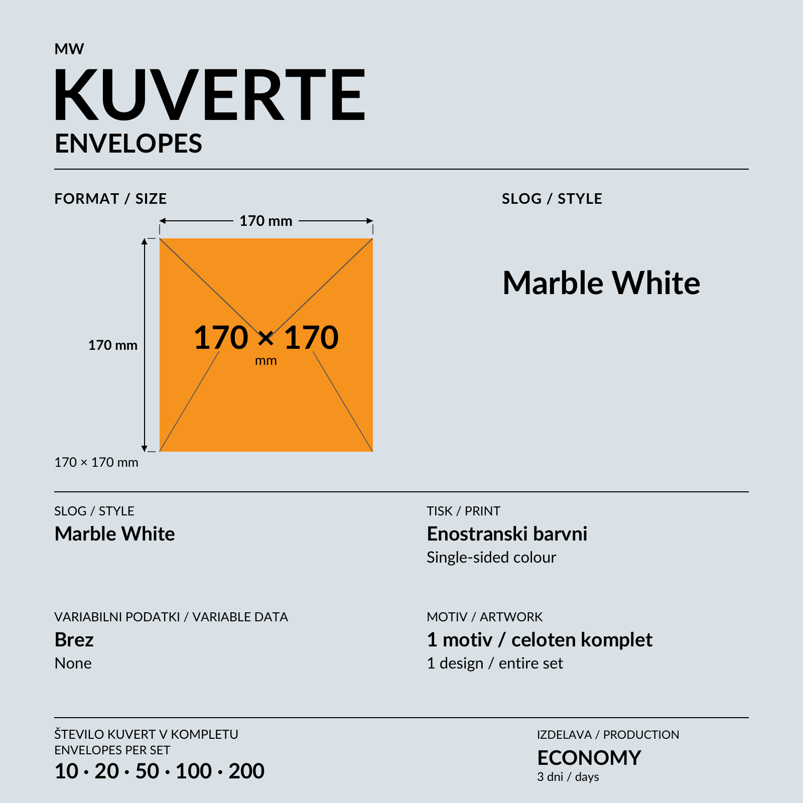 Kvadratna kuverta Marble White z oranžno-črno grafiko v rokah.