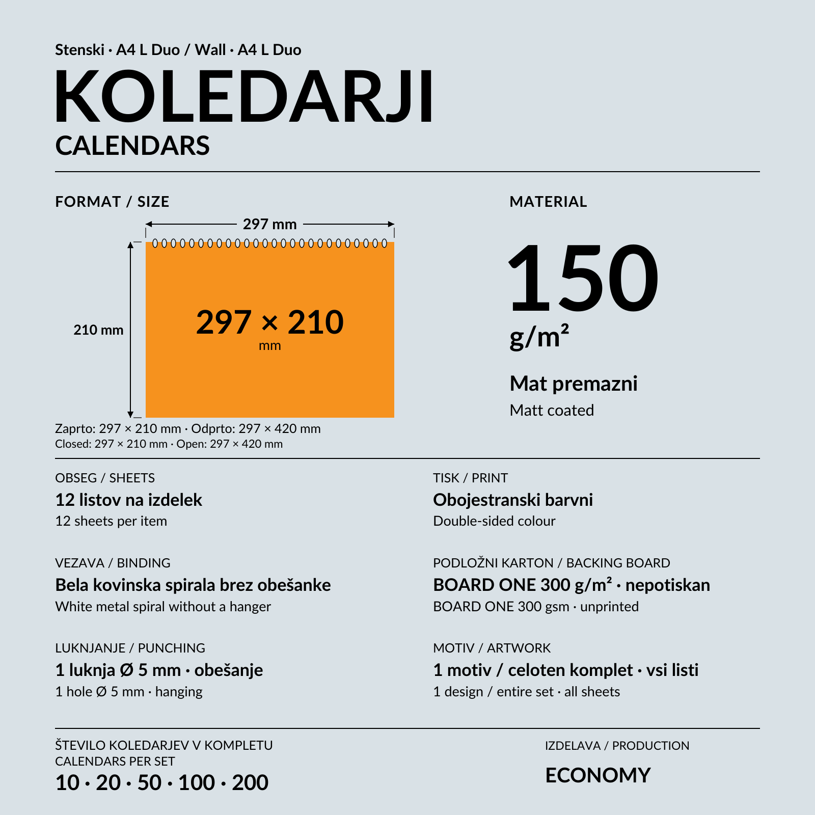 Odprt stenski koledar A4 L Duo z dvema ležečima deloma na oranžni steni.