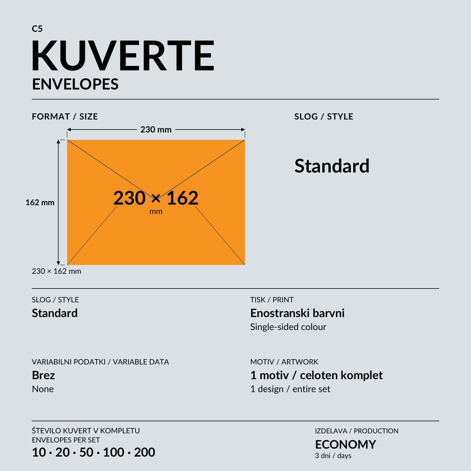 Bela kuverta C5 z oranžno-črno grafiko v rokah nad oranžno mizo.