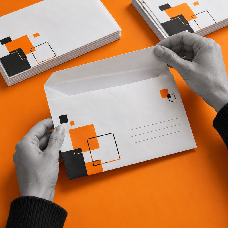 Kuverta C5 230 × 162 mm Bela kuverta C5 z oranžno-črno grafiko v rokah nad oranžno mizo.