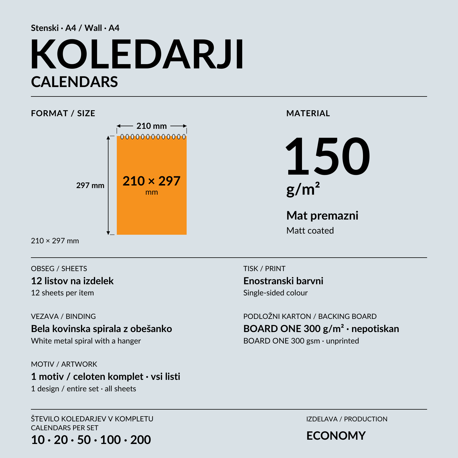 Stenski koledar A4 z belo spiralo in obešanko na oranžni steni.