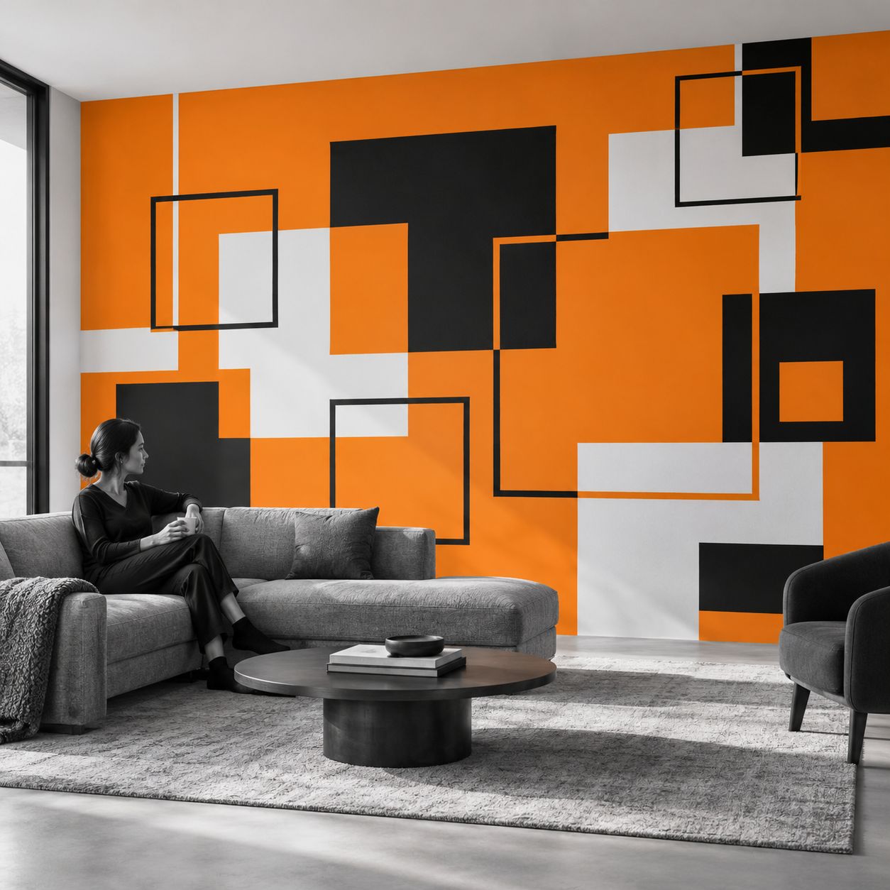 Fototapeta 400 × 260 cm z oranžno, črno in belo geometrijo na steni sivinsko opremljene sobe.