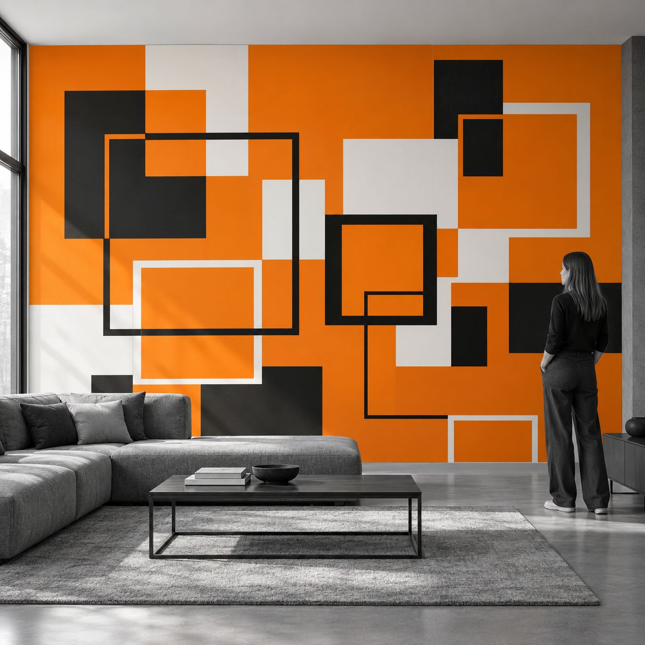 Fototapeta 400 × 260 cm – BlockOut bubble free mat, 95 µm Fototapeta 400 × 260 cm z oranžno, črno in belo geometrijo na steni sivinsko opremljene sobe.