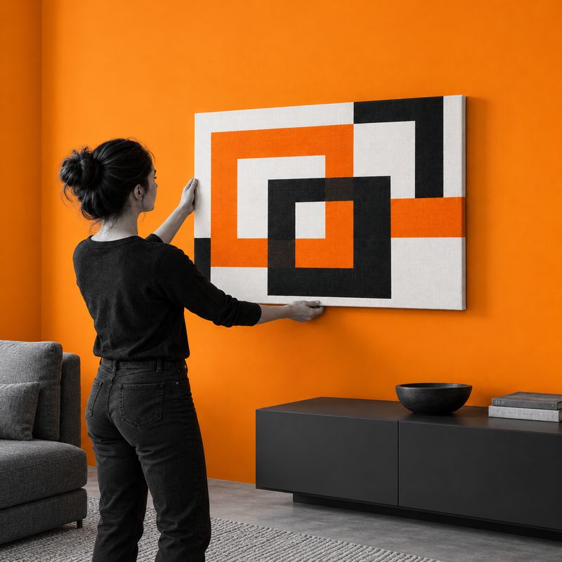Canvas 800 × 600 mm Ženska postavlja ležeče potiskano platno 80 × 60 cm na oranžno steno v dnevnem prostoru.