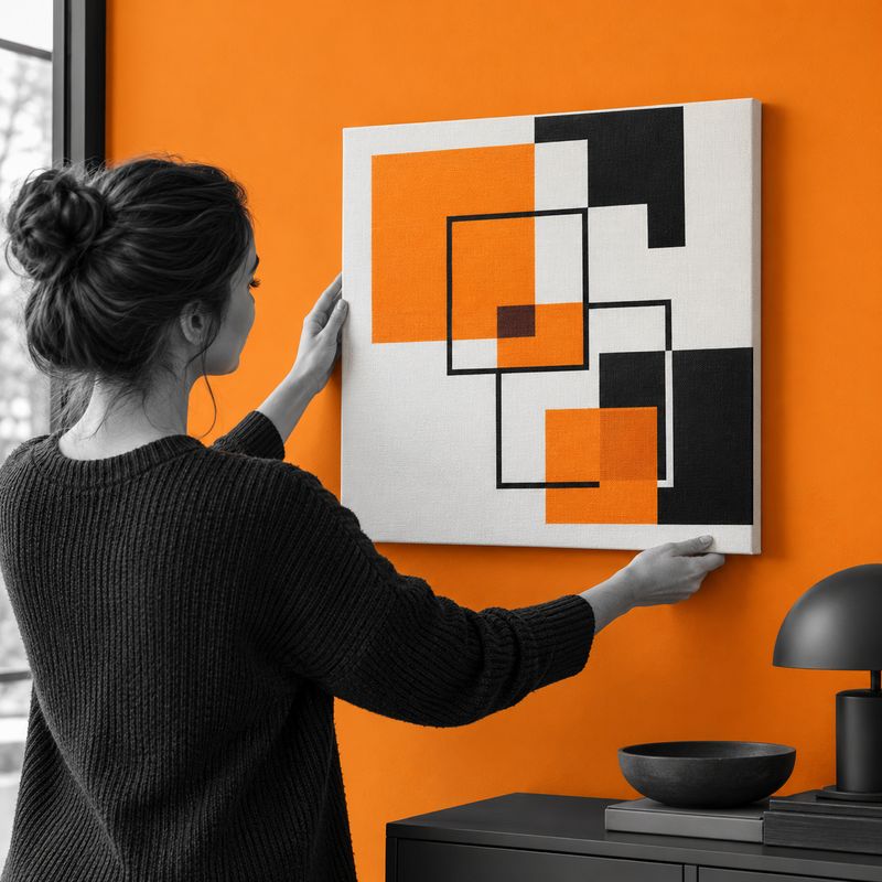 Canvas 400 × 400 mm Ženska postavlja kvadratno potiskano platno 40 × 40 cm na oranžno steno nad temno omarico.