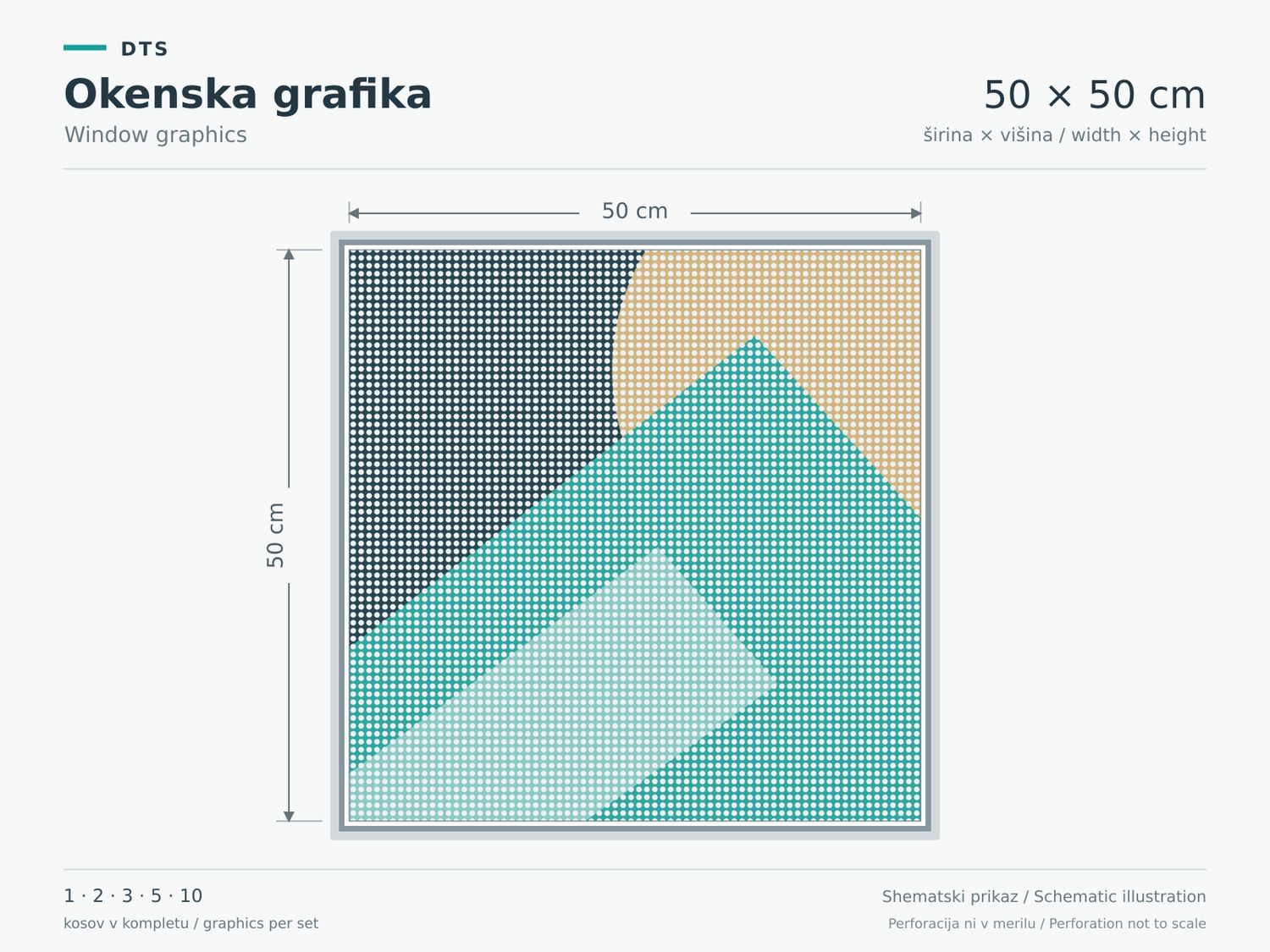 Schematic illustration of a 50 × 50 cm window graphic on perforated film, with width and height marked.