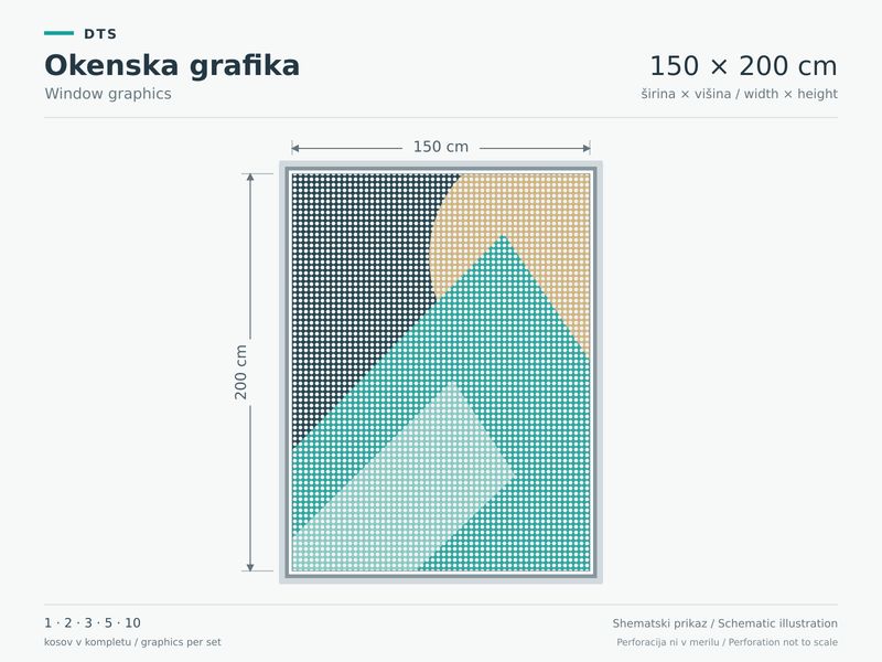 Schematic illustration of a 150 × 200 cm window graphic on perforated film, with width and height marked.