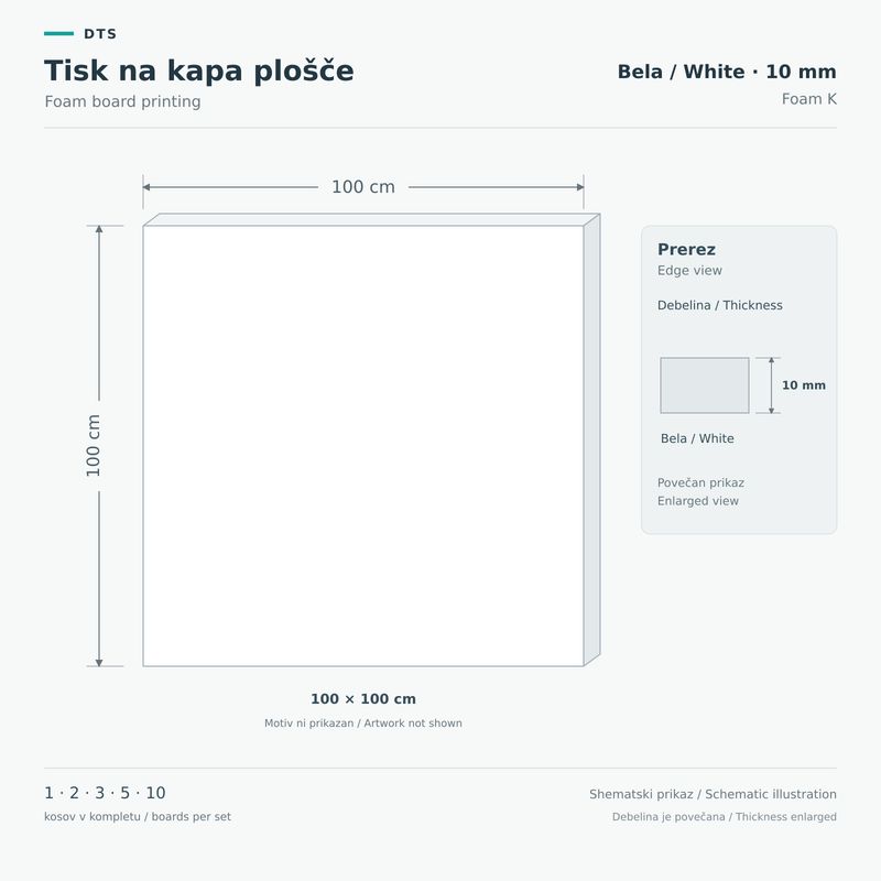 Foam board printing 100 × 100 cm – white 10 mm Foam K Schematic illustration of white 10 mm Foam K board, 100 × 100 cm, with marked dimensions and an enlarged edge view.