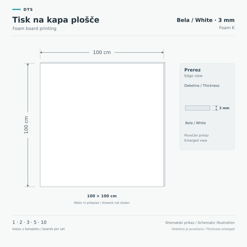 Foam board printing 100 × 100 cm – white 3 mm Foam K Schematic illustration of white 3 mm Foam K board, 100 × 100 cm, with marked dimensions and an enlarged edge view.