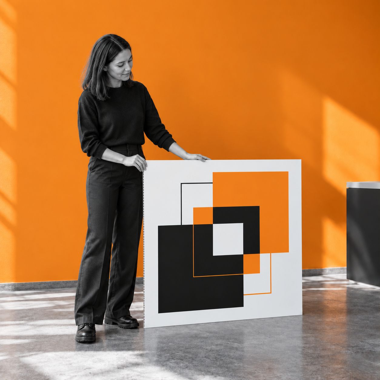 Ženska drži ploščo PolyLite Classic 100 × 100 cm, debeline 5 mm, postavljeno na tla ob oranžni steni.
