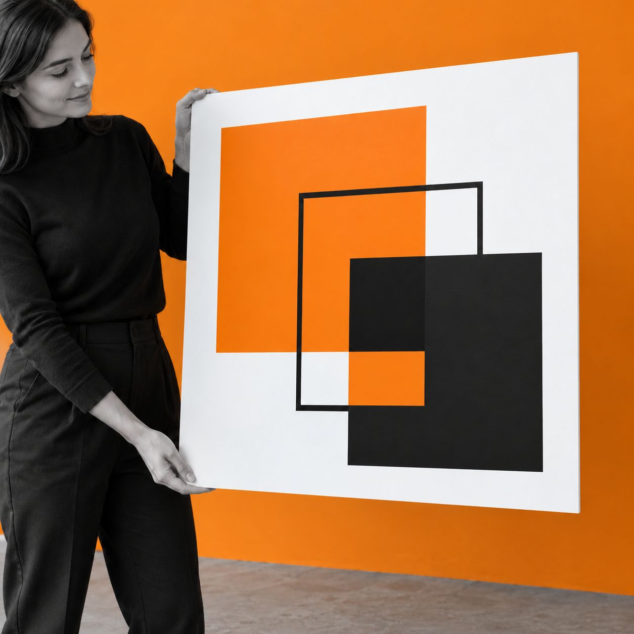Predstavitev potiskane plošče PolyLite Bubble 100 × 100 cm ob oranžni steni.