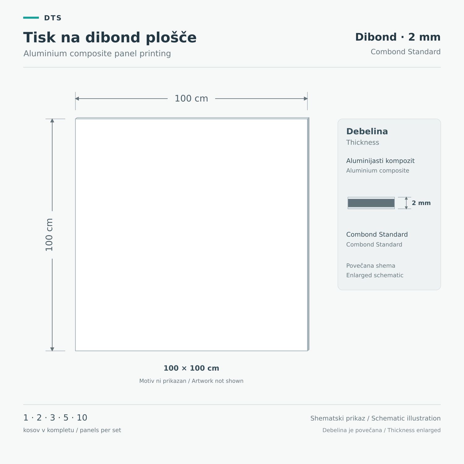 Tisk na dibond plošče 100 × 100 cm – Dibond 2 mm Shematski prikaz aluminijaste kompozitne plošče 2 mm, 100 × 100 cm, s povečanim prikazom debeline.