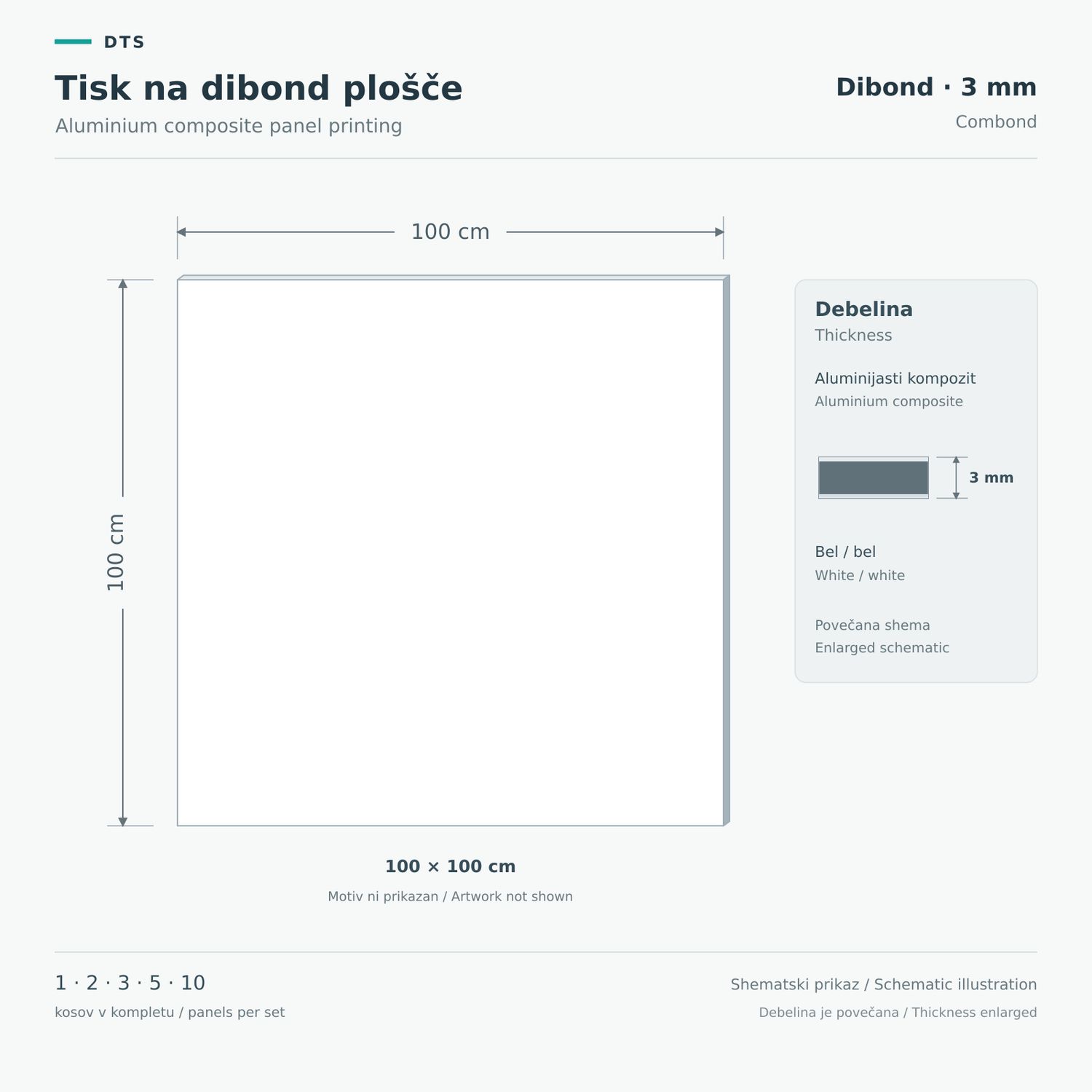 Dibond panel printing 100 × 100 cm – Dibond 3 mm Schematic of a 3 mm aluminium composite panel in 100 × 100 cm format, with an enlarged thickness view.