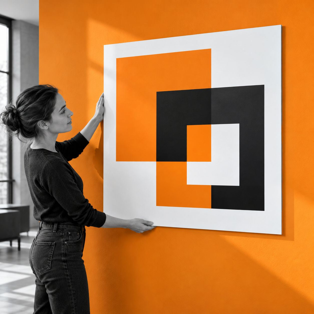 Tisk na dibond plošče 100 × 100 cm – Dibond 3 mm Oseba predstavlja potiskano ploščo Combond 100 × 100 cm z vidnim tankim robom.