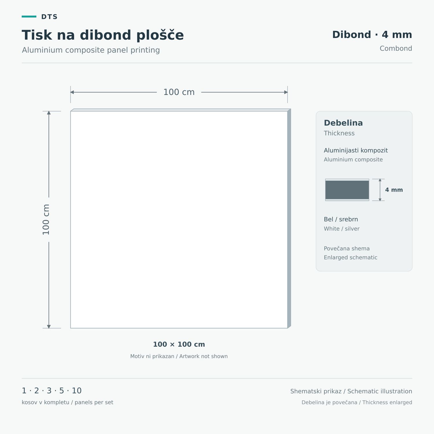 Dibond panel printing 100 × 100 cm – Dibond 4 mm Schematic of a 4 mm aluminium composite panel in 100 × 100 cm format, with an enlarged thickness view.