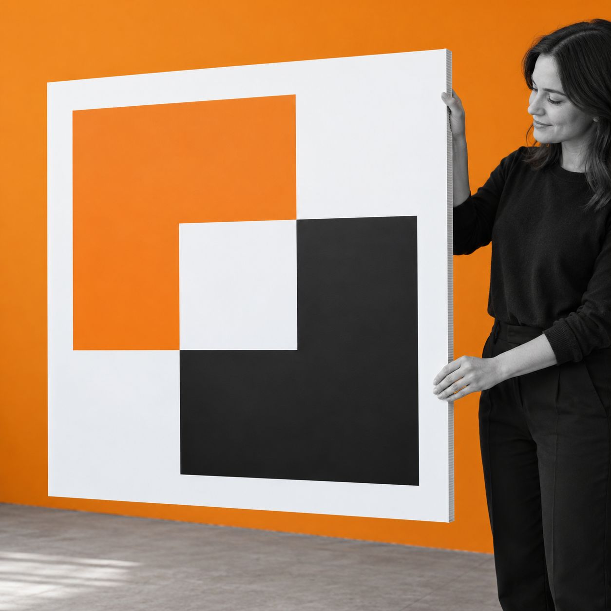 Predstavitev potiskane plošče PolyLite Classic 100 × 100 cm ob oranžni steni.