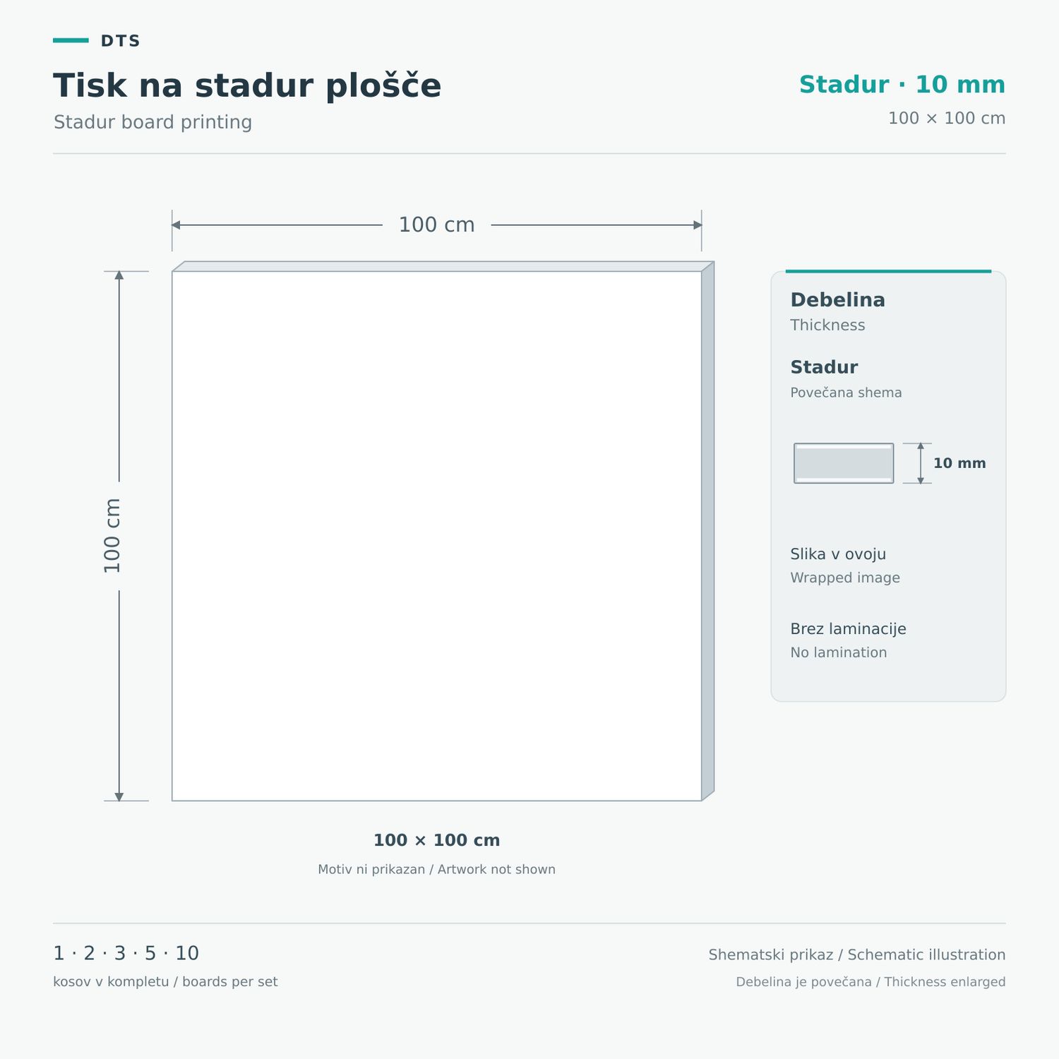 Tisk na stadur plošče 100 × 100 cm – Stadur 10 mm Shematski prikaz stadur plošče 10 mm, 100 × 100 cm, s povečanim prikazom debeline.
