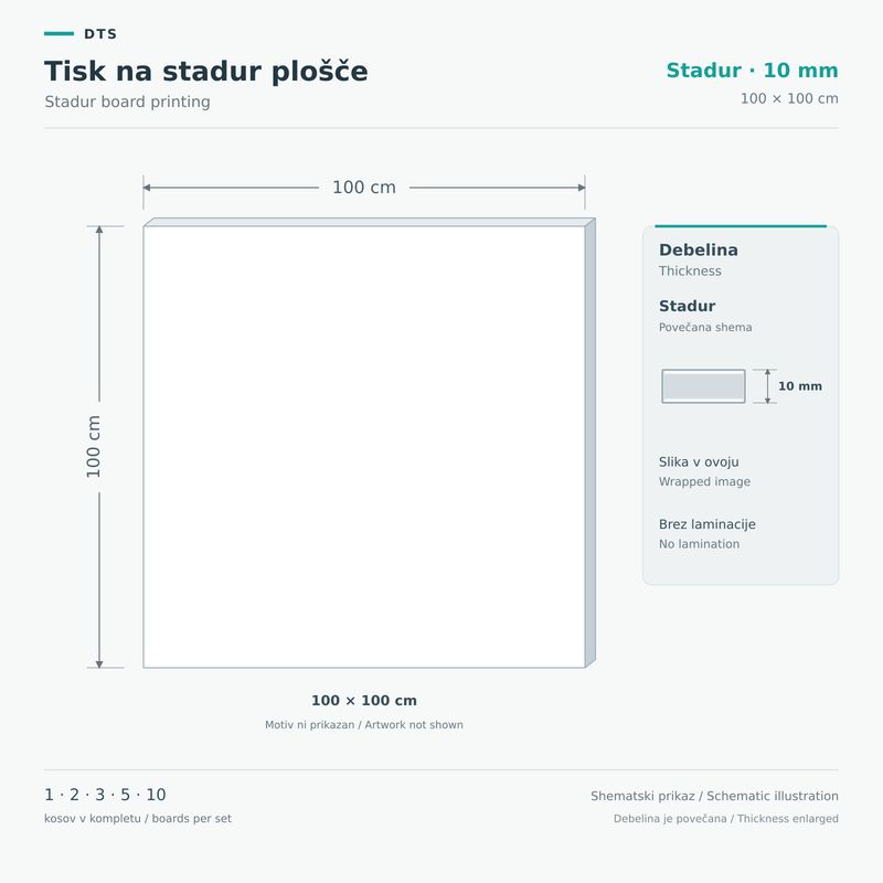 Stadur board printing 100 × 100 cm – Stadur 10 mm Schematic of a 10 mm Stadur board in 100 × 100 cm format, with an enlarged thickness view.