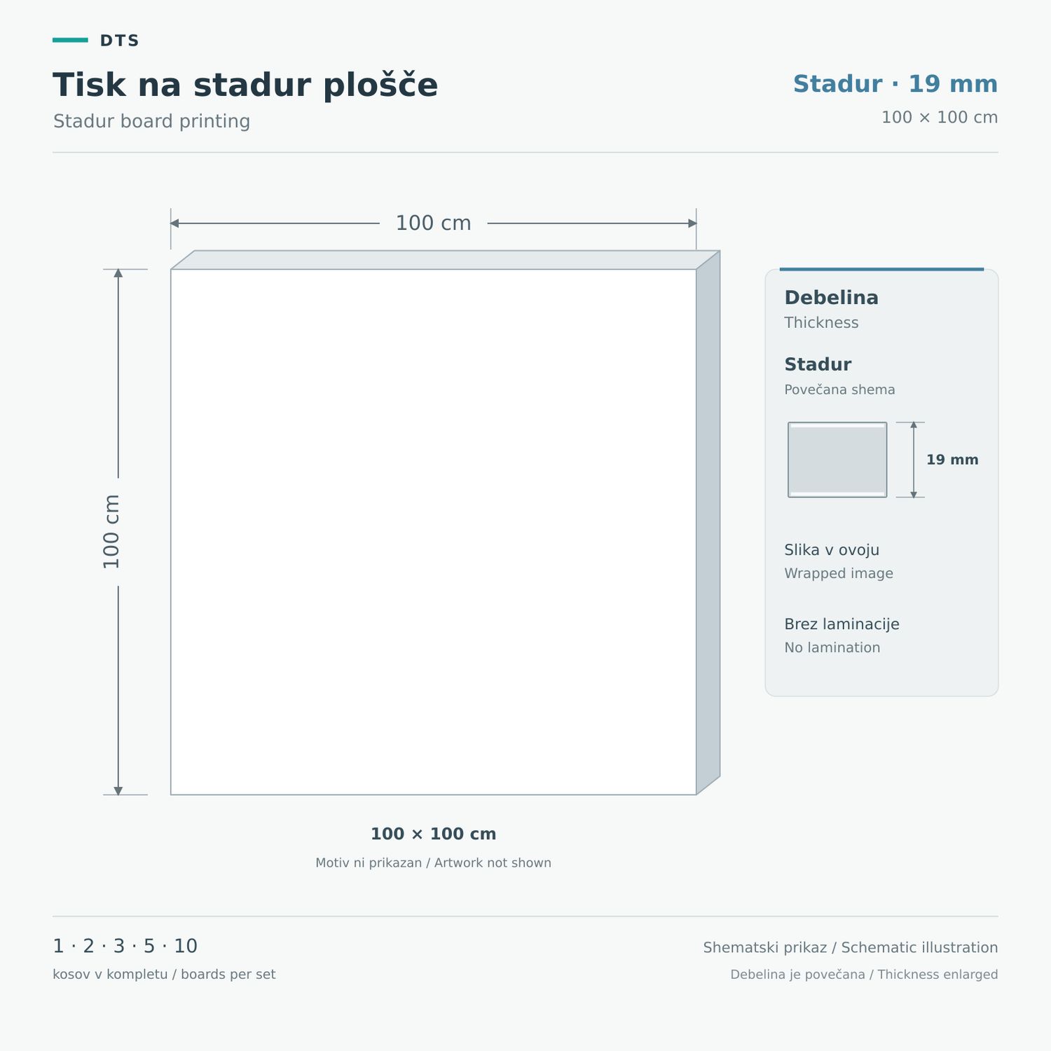 Tisk na stadur plošče 100 × 100 cm – Stadur 19 mm Shematski prikaz stadur plošče 19 mm, 100 × 100 cm, s povečanim prikazom debeline.